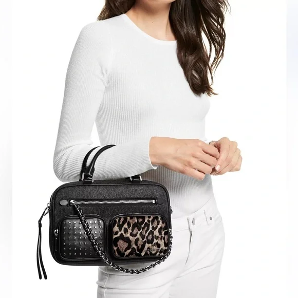 SALE🔥🔥MICHAEL KORS SIGNATURE ELLIOT STUDDED TIGER PRINT CALF HAIR SHOULDER BAG